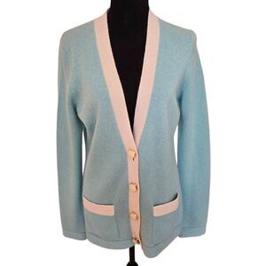 Kinross Womens Cashmere Knit V-Neck Button Up Cardigan Sweater Aqua Cream Large